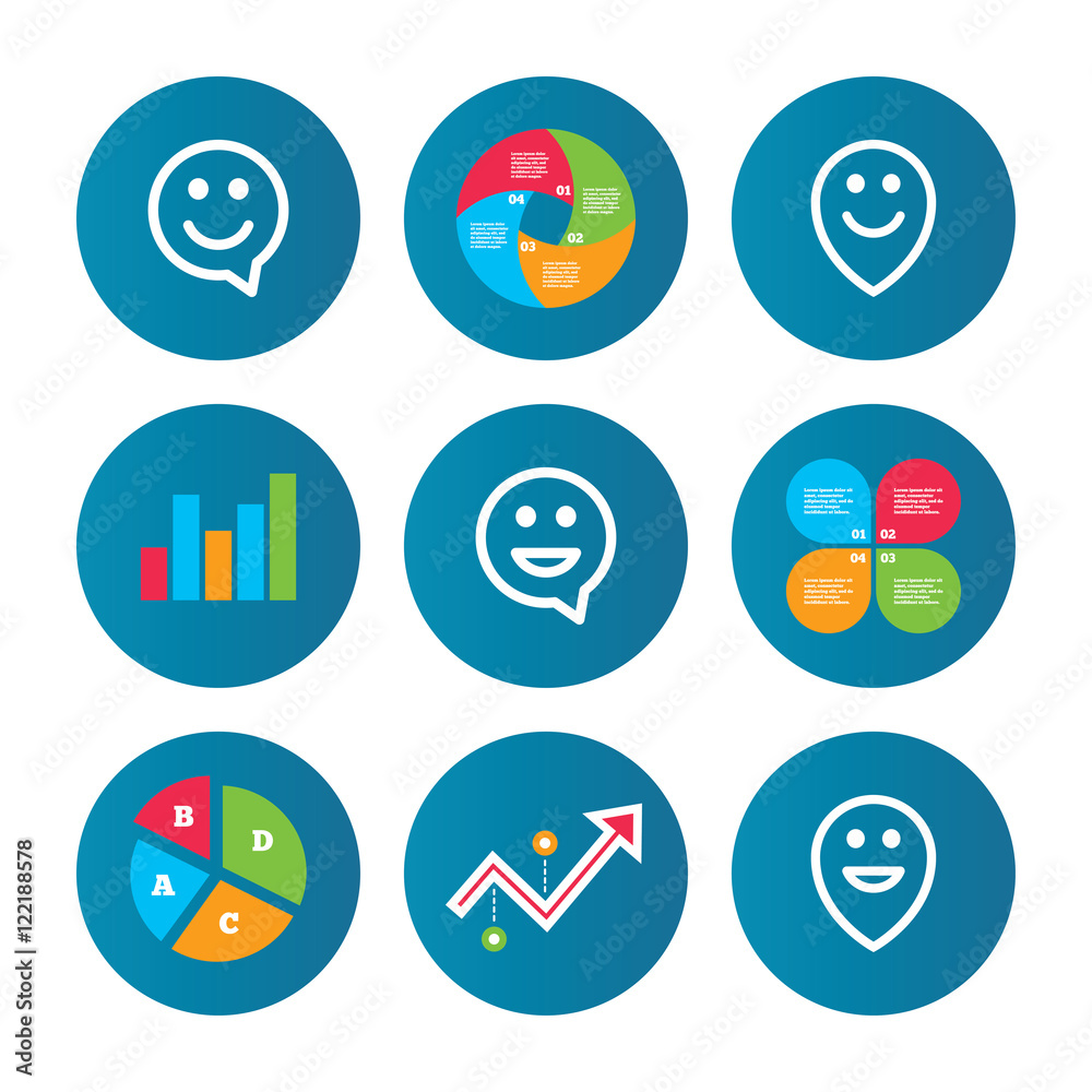 Happy face speech bubble icons. Pointer symbol. Happy face speech bubble icons. Pointer symbol.