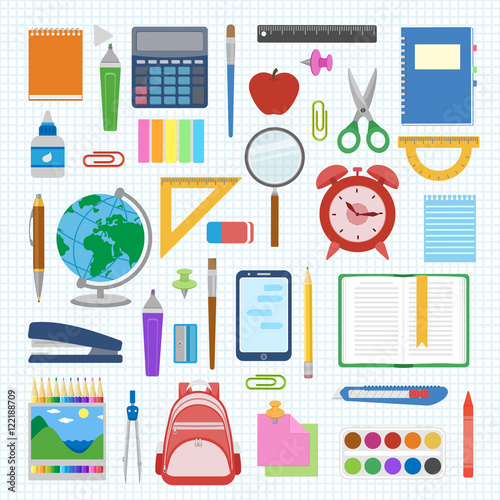 School supplies and items set on a sheet in a cell. Back to school equipment. Education workspace accessories on white background. Infographic elements. Vector illustration.