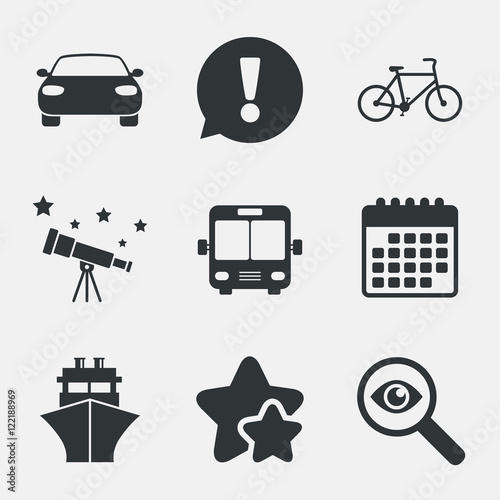 Transport icons. Car, Bicycle, Bus and Ship.