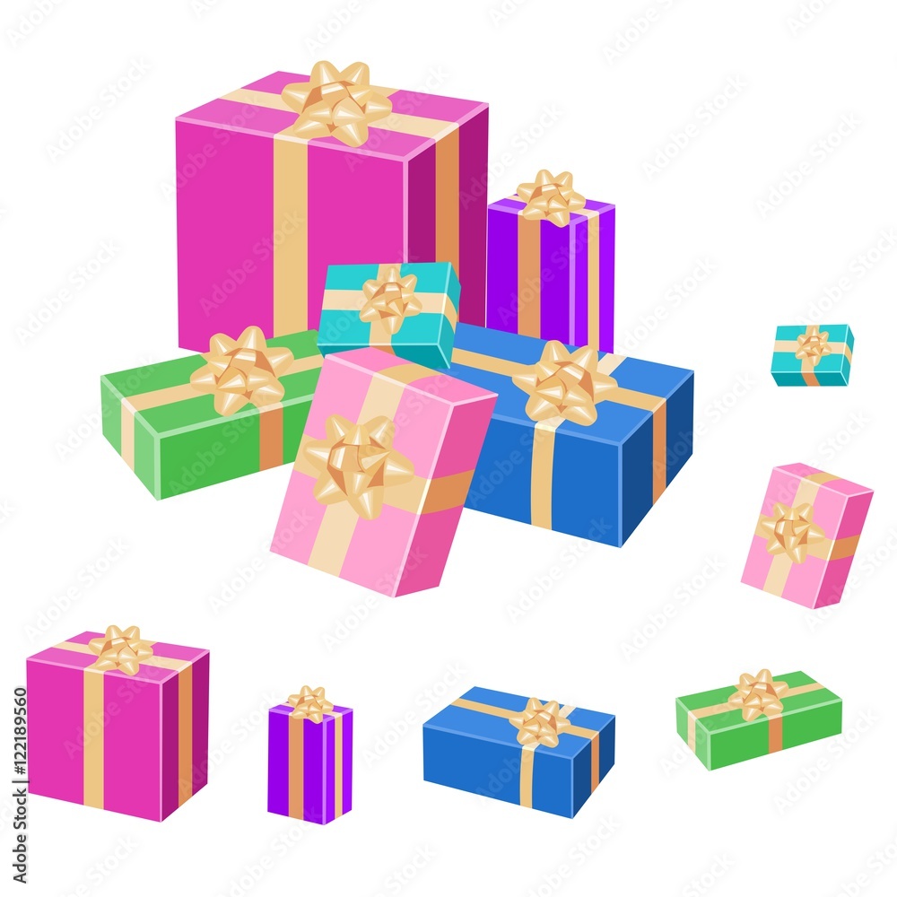 Fototapeta premium Set of colorful wrapped gift boxes with bows and gold ribbons. Vector 3D illustration isolated on white background.