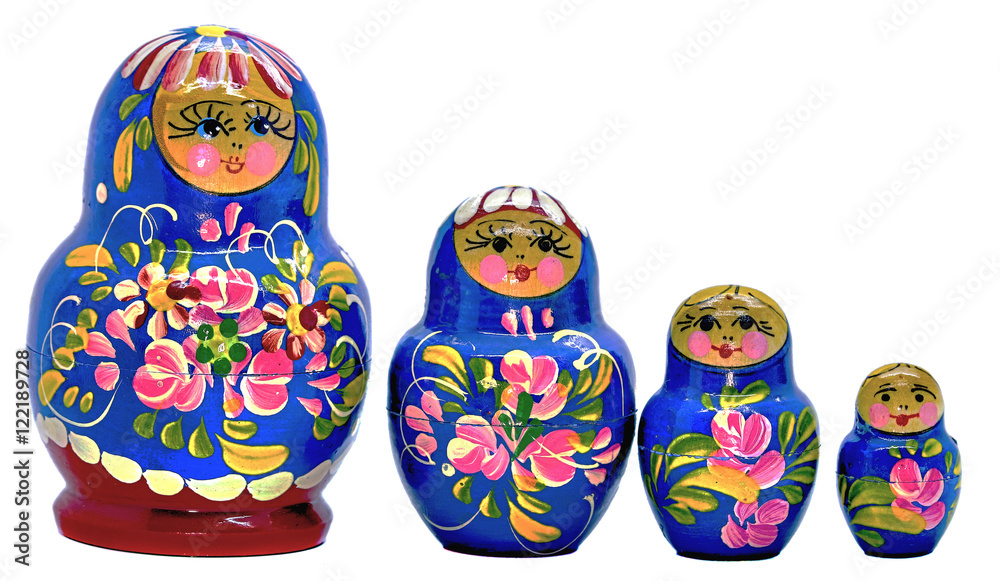 Blue Matryoshka, Russian dolls on white Background