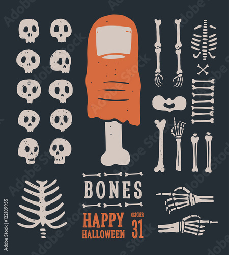 Halloween. Set of cartoon skulls and bones. Vector illustration.