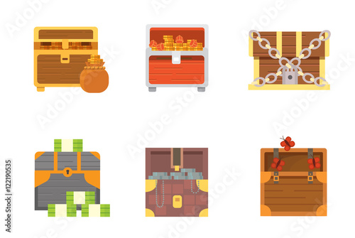 Cute set of diferent chests. Cartoon illustration chest. Safe money.