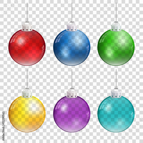 Realistic Christmas balls in different colors hanging on transparent background. Vector.