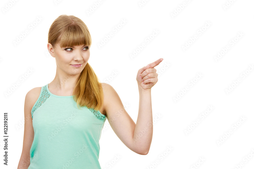 Woman pointing or touching with index finger Woman pointing or touching with index finger
