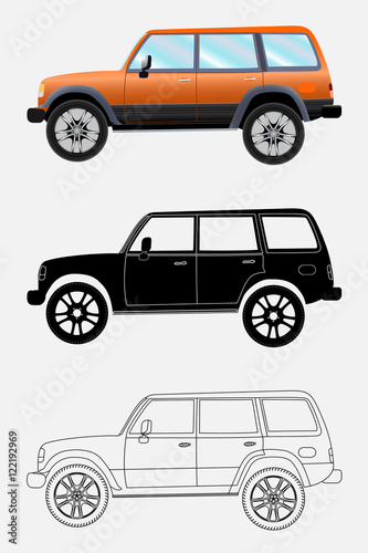 Different kind off-road vehicle on a white background: colored,