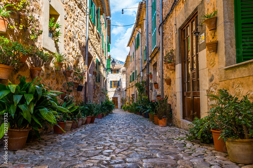 Colorful plant-lined street in Valldemossa, Mallorca