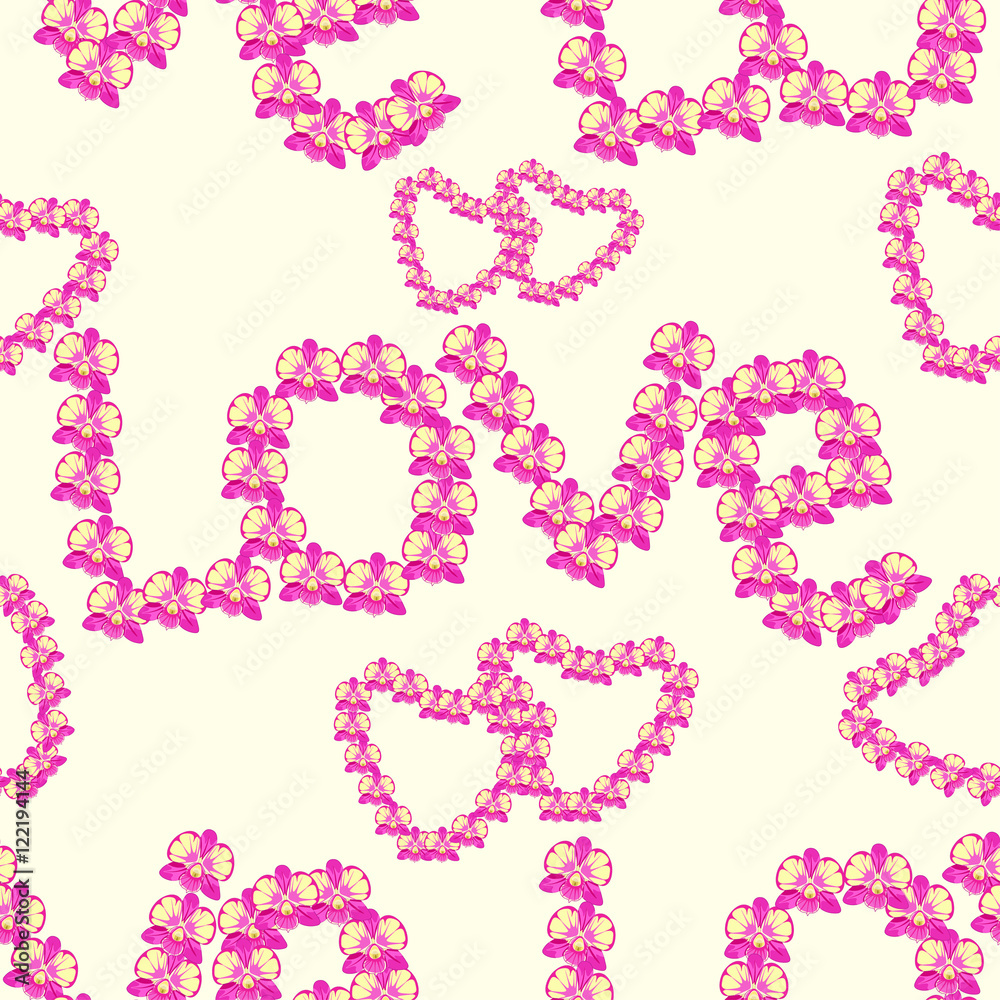 dendrobium Orchidea seamless pattern in the form of the word lov