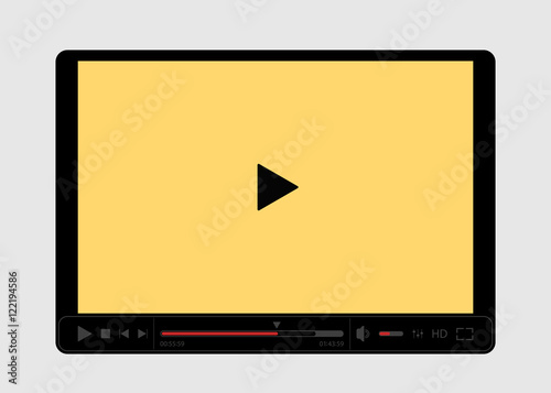 Video player for web with yellow screen. Isolated on black background. Vector illustration, eps 8.