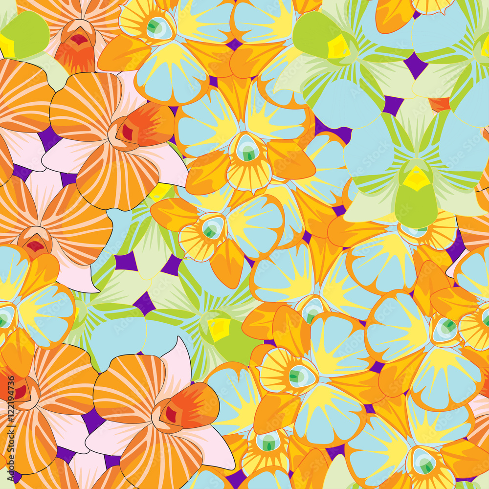 Seamless pattern with Orchidea Dendrobium continuous blue, orang