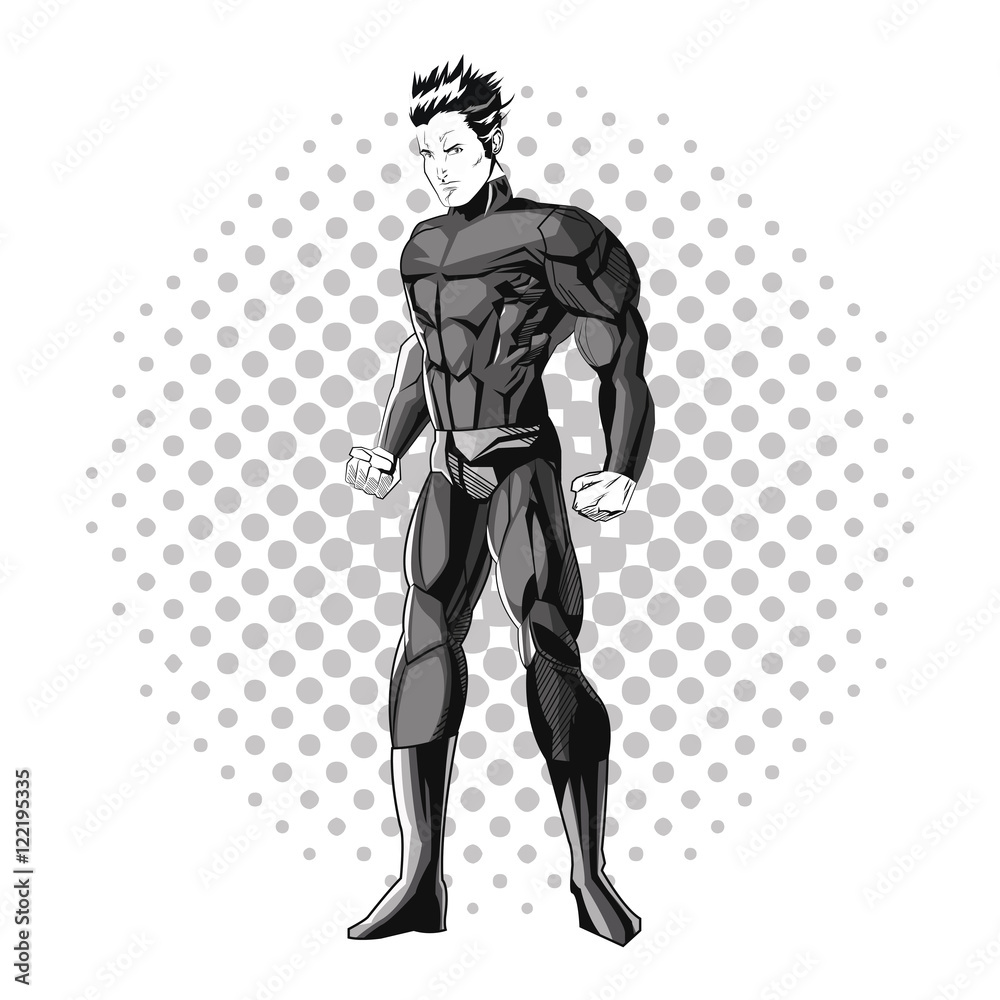 Superhero man cartoon with uniform icon. Comic power costume and hero theme. Black and white design. Pointed background. Vector illustration