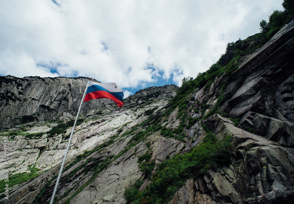 Russian flag in Switzerland Alps