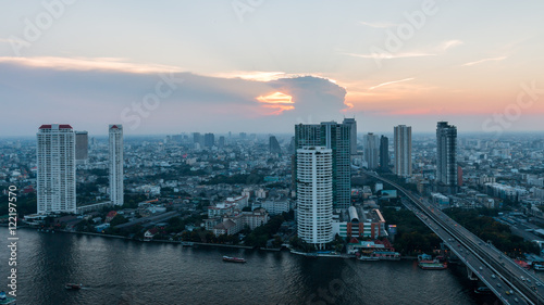 Bangkok Transportation with Modern Business Building along the river (Thailand) © pong0402