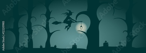 Vector illustration of flying young witch icon. Witch silhouette on a broomstick. Old cemetery in dark forest. Halloween relative image