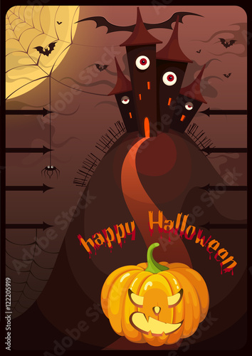 Greeting card Halloween. Night background with the terrible house, a web, a spider and pumpkin. Vector illustration.