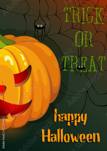 Greeting card Halloween. Brown and green background with an orange pumpkin, spider web, spider and text: happy Halloween, trick or treat.