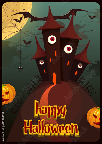 Greeting card Halloween. Night background with the terrible house, a web, a spider and pumpkin. Vector illustration.