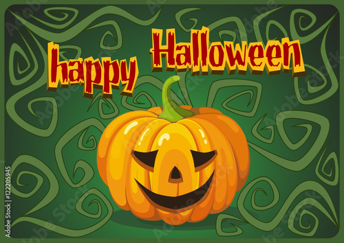 Greeting card Halloween. Green background with orange pumpkin, herbal curls and the text: Happy Halloween.