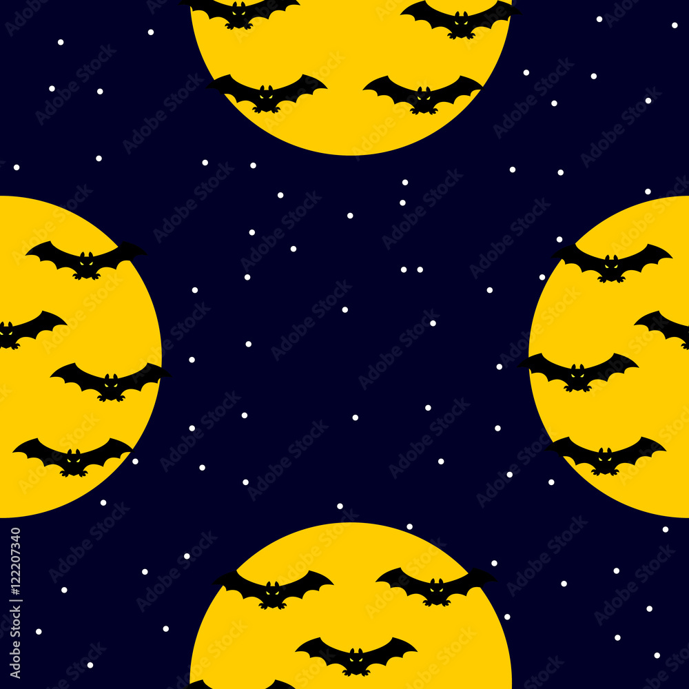 Seamless night scene pattern with flying bats, moon and stars for Halloween design
