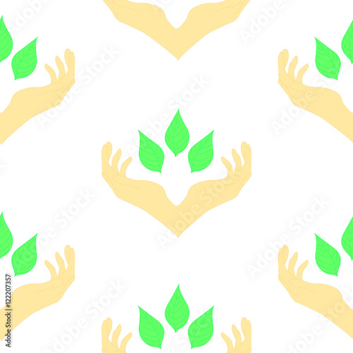 two hands surrounding green leaves, seamless pattern. Сoncept of wellness, protecting nature, also represents concepts like environment protection, spa resorts.