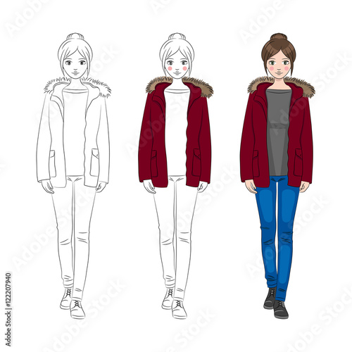 Young beautiful girl in red winter jacket. Three variants of coloring. Hand drawn vector illustration.