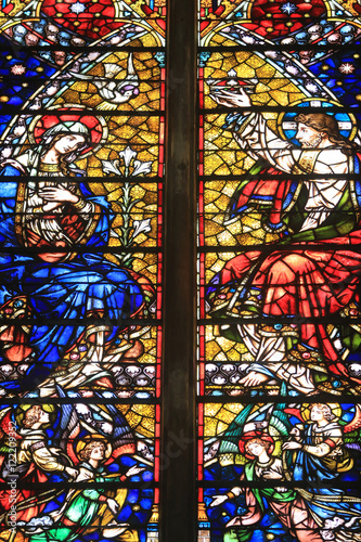 The Coronation of the Virgin. Stained glass windows by Frantz Mayer de Munick 1884. Chapel of Notre Dame de la Ronde. St. Stephen of Metz Cathedral. .