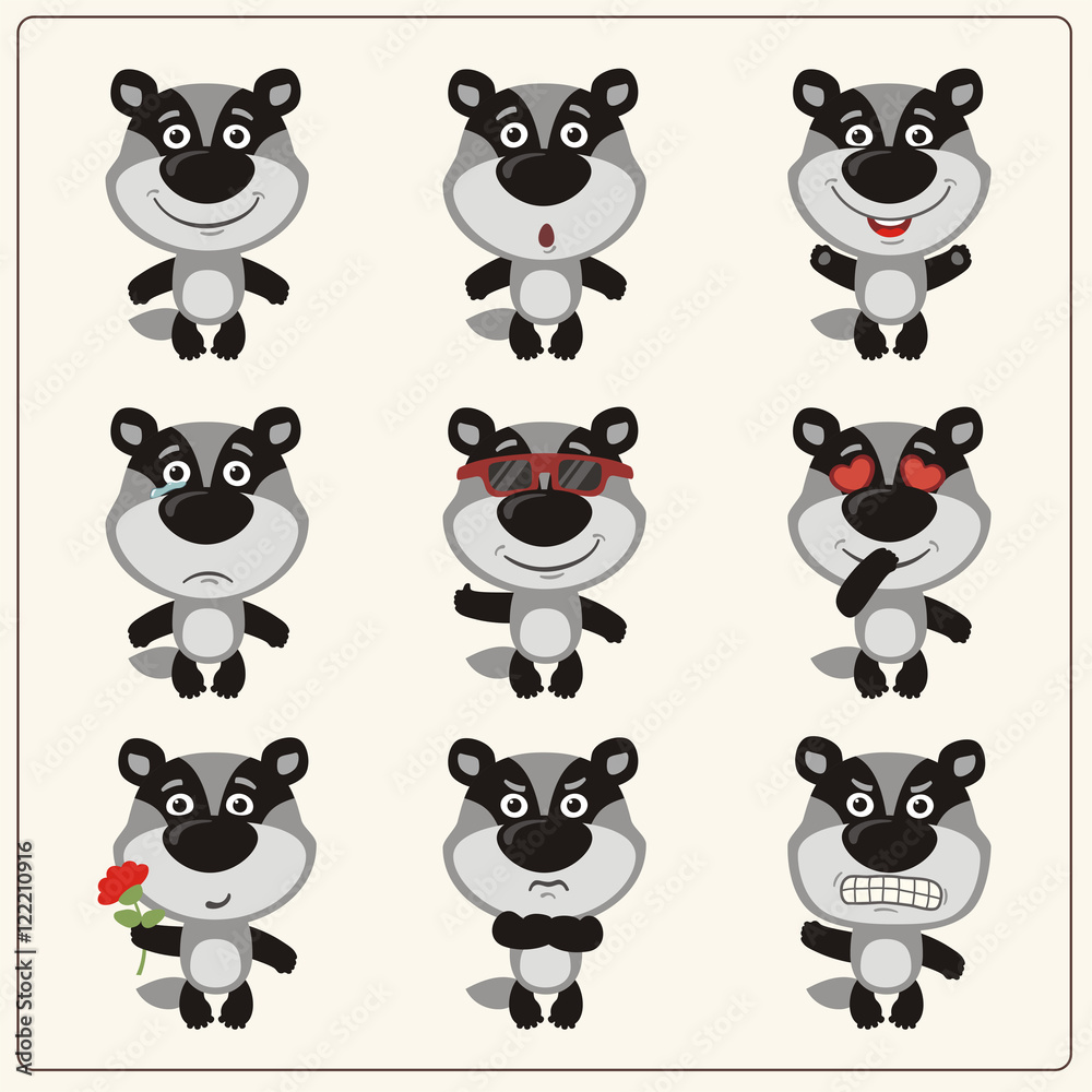 Vector set isolated emotion badger. Collection cute badger in cartoon style.