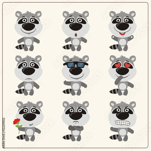 Vector set isolated emotion raccoon. Collection cute raccoon in cartoon style.