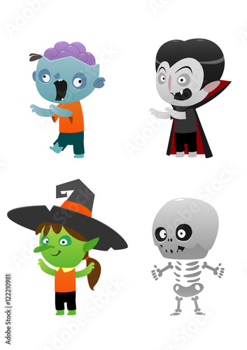 zombie vampire witch and skeleton on a white background