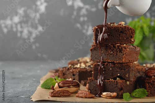 Delicious chocolate brownie with pecan