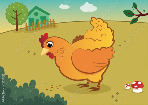 A yellow chicken vector illustration on a farm.