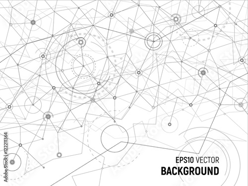 Abstract background. Vector gray lines and dots on white surface with some circles and arcs. Points with connections - space map. Futuristic science illustration.
