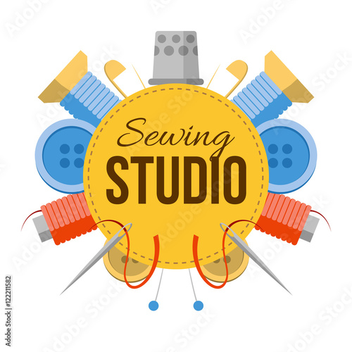 Sewing studio sign with tailors stuff. Tools for handmade at the sides: needles, pins, thread, buttons. Simple style vector atelier logo.
