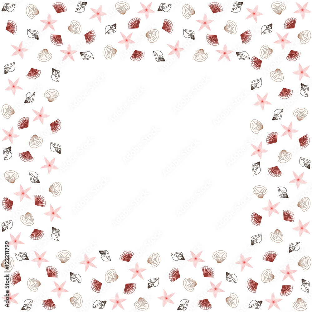 Cute pattern border frame with many repeating sea shells and stars isolated on the white (transparent) background. With space for invitations or greeting cards text. Vector illustration
