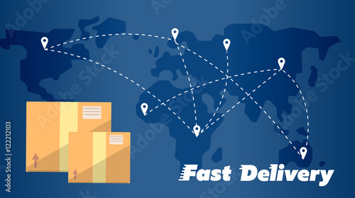 Closed cardboard boxes on background of world map with routes. Fast delivery banner, vector illustration. Worldwide shipping and moving service. International postage concept. Global logistics