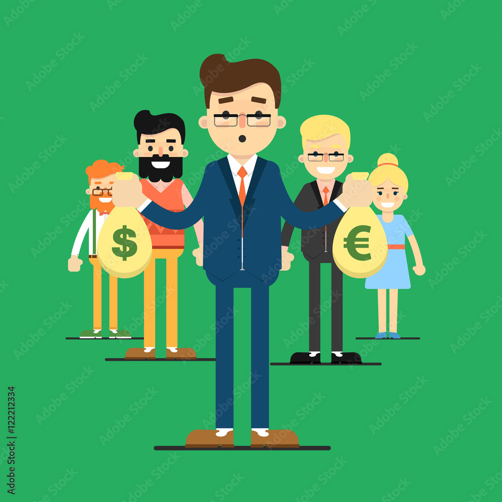 Group of smiling and young cartoon business people stand on green background. Team success vector illustration. Teamwork, collaboration and partnership. Business team. Win concept Group of smiling and young cartoon business people stand on green background. Team success vector illustration. Teamwork, collaboration and partnership. Business team. Win concept