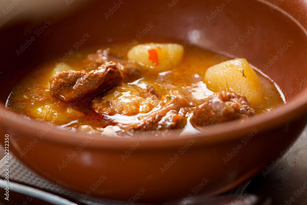 Traditional Transcarpathian dish - bogracs, close up in bowl Traditional Transcarpathian dish - bogracs, close up in bowl