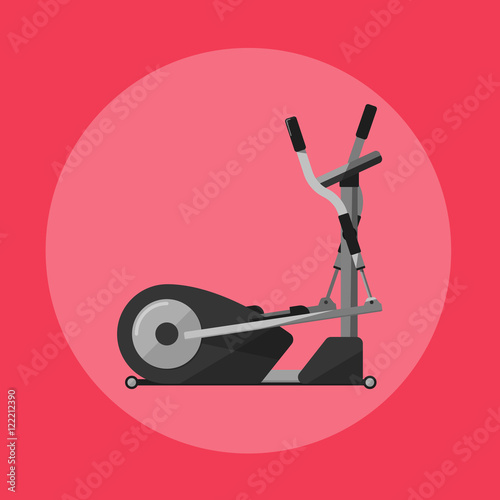 Vector illustration of gym sports equipment icon. Black elliptical cross trainer isolated on red background. Cardio training. Active sport lifestyle. Stationary exercise machine.