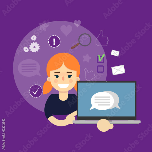 Smiling cartoon girl holding laptop with speech bubbles on screen. Social media banner on perpl background with communication icons, vector illustration. Chatting, international network, media app photo