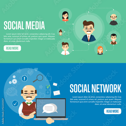 Smiling man with own successful social network. Cartoon man holding laptop with speech bubbles on screen. Social media network banners, vector illustration. Connecting people. Teamwork concept