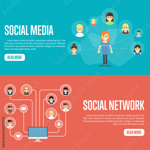 Smiling cartoon girl with own successful social network. Round people icons connected with laptop. Social media network banners, vector illustration. Connecting people. Teamwork concept