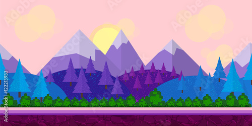 Seamless Flat style game background trees, mountains and cloudy sky layers