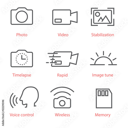 Vector thin line icons set with photo and video pictograms for infographics, manuals, ux ui kit and mobile applications