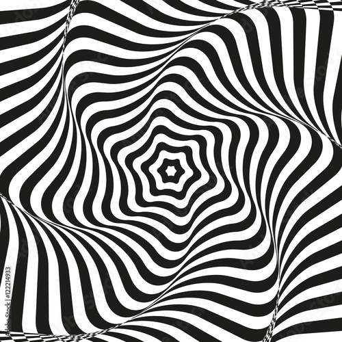 optical illusion art background. Optical illusion. black and white desktop wallpaper. graphic design. Vector repeating texture with curvature effect. Template for print, textile, wrapping, decoration