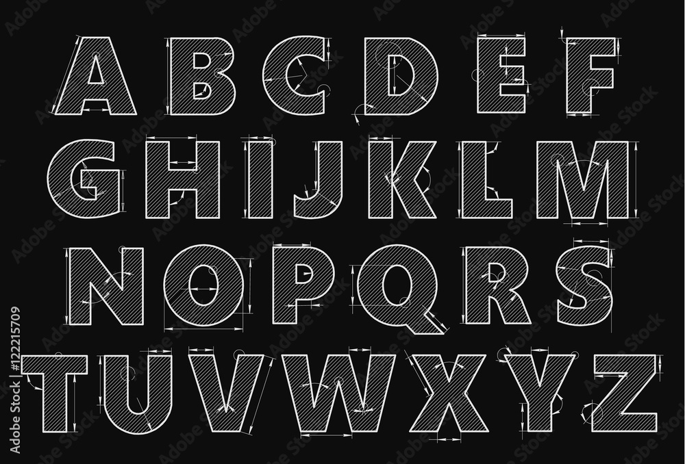 Alphabet in style of a technical drawing