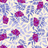 Blue pattern with forest leaves and purple flowers