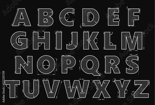 Alphabet in style of a technical drawing