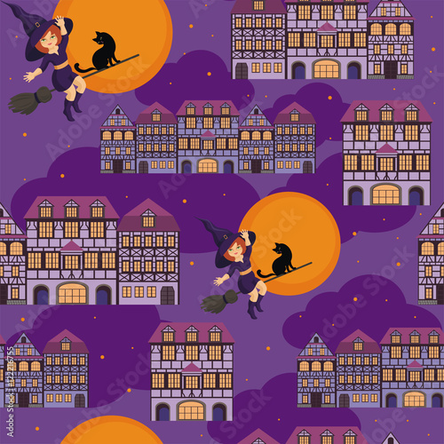 Halloween seamless pattern  with the image of the little witch and old houses