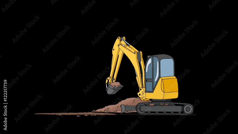 Industrial Excavator Digging Hole. Animated footage with alpha channel. Looped motion graphic.