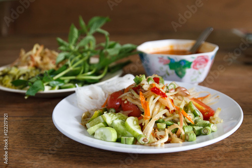 Thai Papaya Salad (Som tum ) , Vermicelli and grren vegetable on